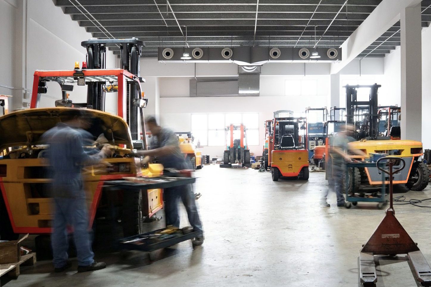 Fleet of electric and diesel forklifts at LB Industrial forklift centre, Tuas South Avenue 3, Singapore