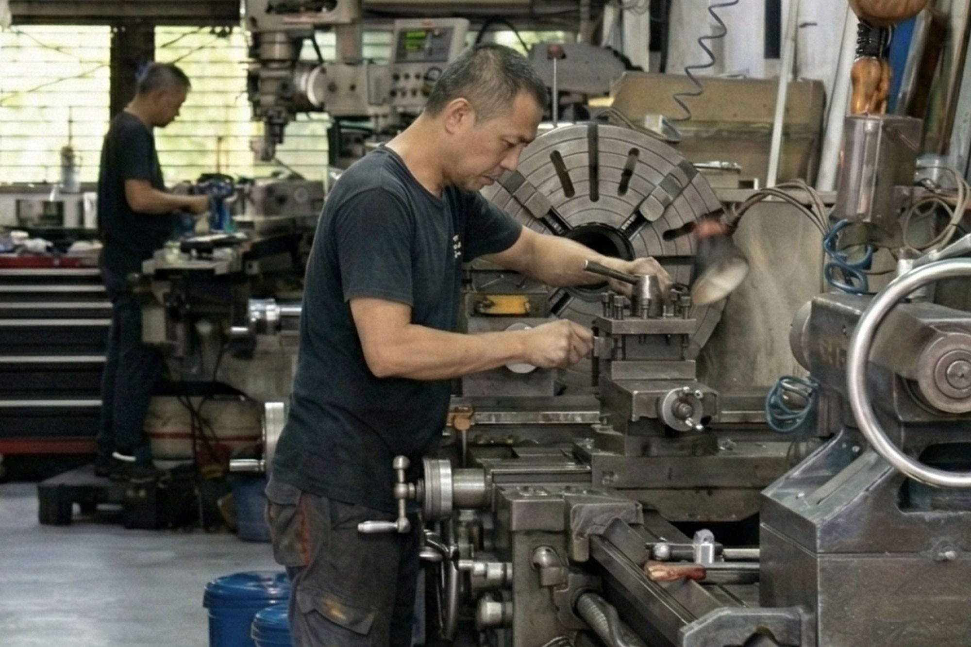 Machinist operating a lathe at LB Industrial steel fabrication workshop, Pioneer Road North, Singapore